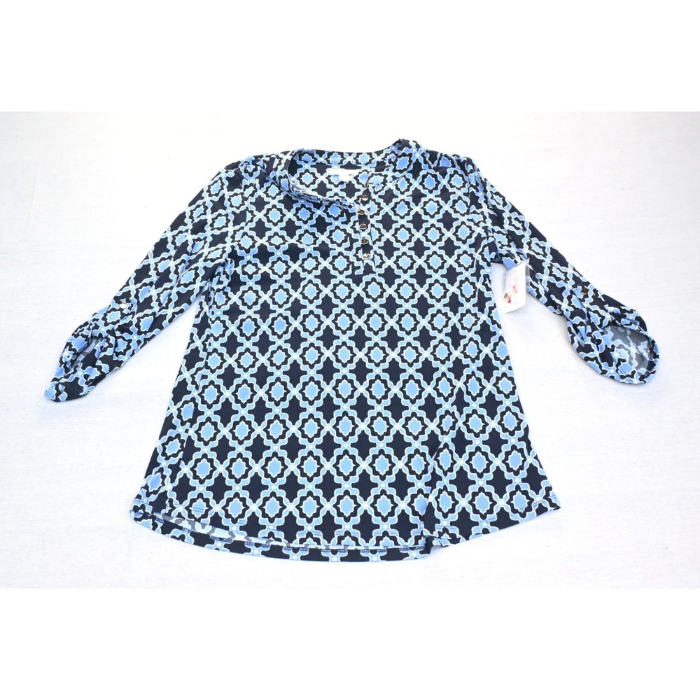 Charter Club Womens M NWT Swing Blouse Blue Black Quatrefoil Print 3/4 Sleeve